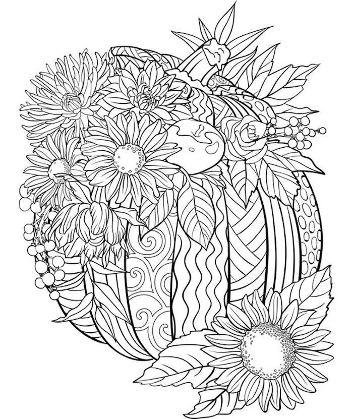 turkey pictures to color, pumpkin with floral motifs, flowers coming out of it, black and white sketch