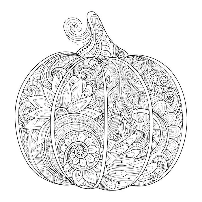 pumpkin with floral motifs, black and white sketch, turkey pictures to color