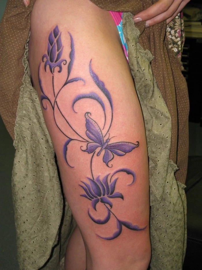 purple flowers and butterfly, leg tattoos for girls, green and brown, long skirt