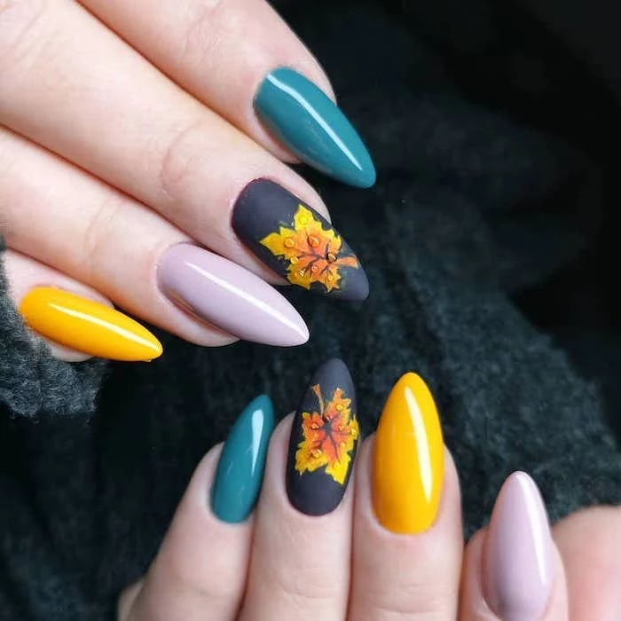 yellow and blue, purple and dark blue, nail polish, burnt orange nails, orange and yellow, fall leaves, nail decorations