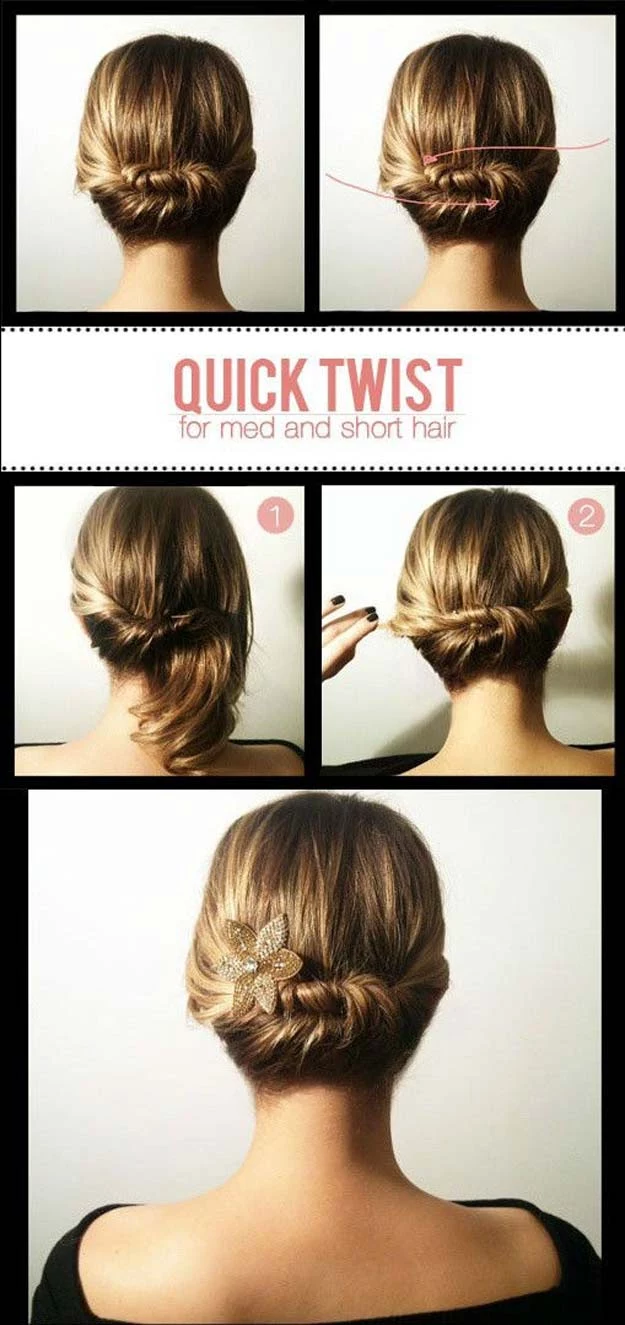 quick twist for mid and short hair, step by step, diy tutorial, shoulder length hairstyles, woman with blonde hair
