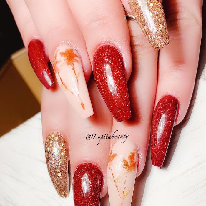 red glitter, gold glitter, nail polish, burnt orange nails, fall leaves, nail decorations, long coffin nails