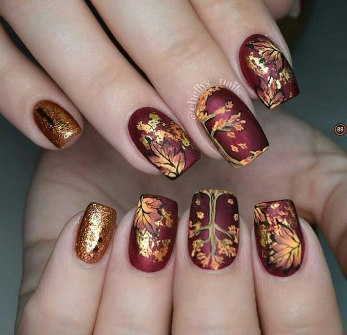 metallic burgundy red, gold glitter, nail polish, burnt orange nails, fall leaves, nail decorations
