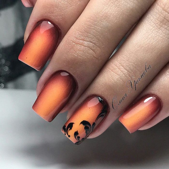 red and orange, nail polish, ombre nails, black floral design, nail decoration, square nails, thanksgiving nail colors