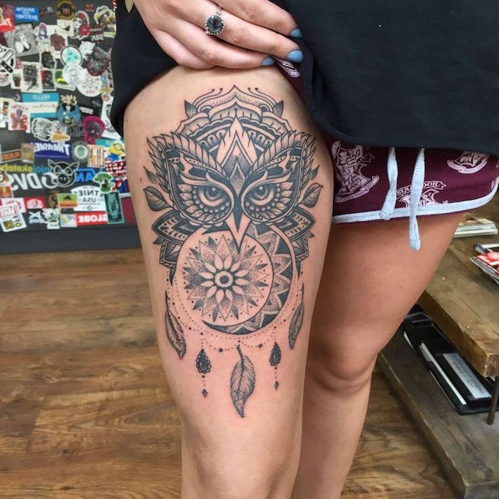 Owl Tattoo On Leg Calf by Pxa Body Art