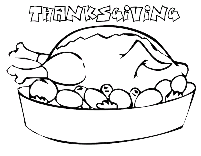 roasted turkey, in a tray, apples around it, turkey pictures to color, black and white sketch