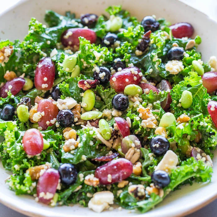 salad with quinoa, grapes and beans, in white bowl, healthy dinners for two