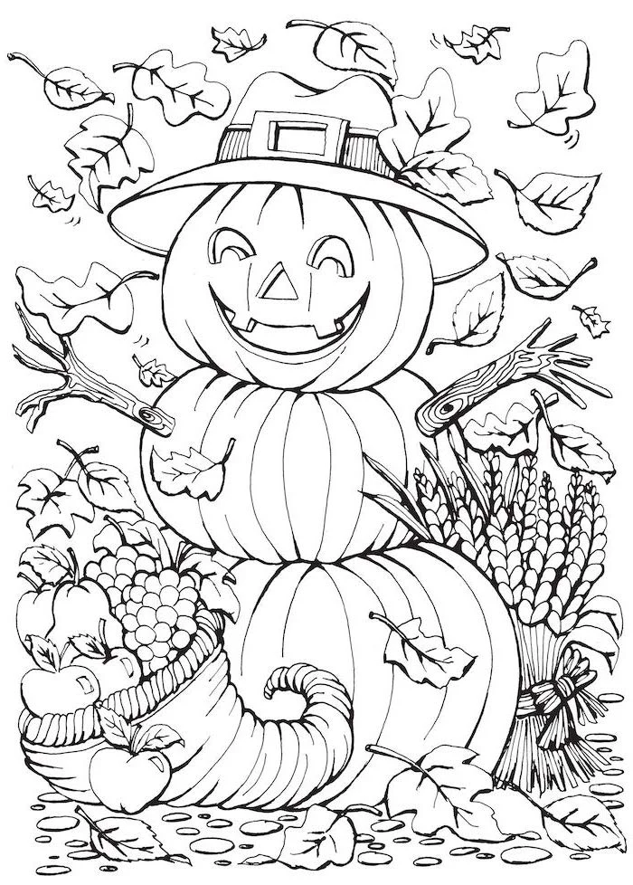 scarecrow with hat, made of three pumpkins, turkey coloring pages, fall leaves, cornucopia with fruits