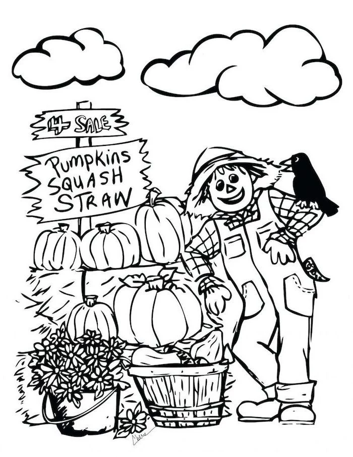 pumpkin squash straw, scarecrow and bird, selling pumpkins, thanksgiving pictures to color, black and white sketch