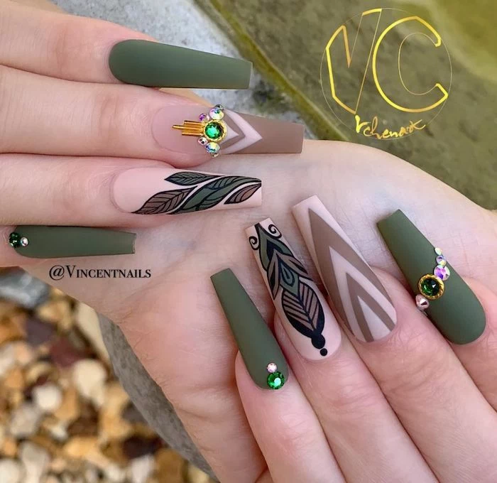 olive green, nude matte nail polish, pretty nail colors, rhinestones on the nails, long coffin nails