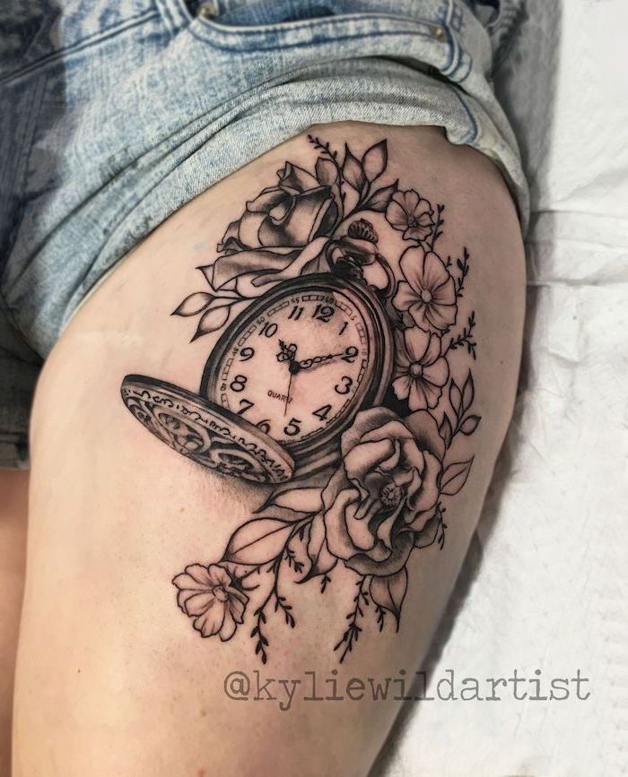 flower side thigh tattoos for females