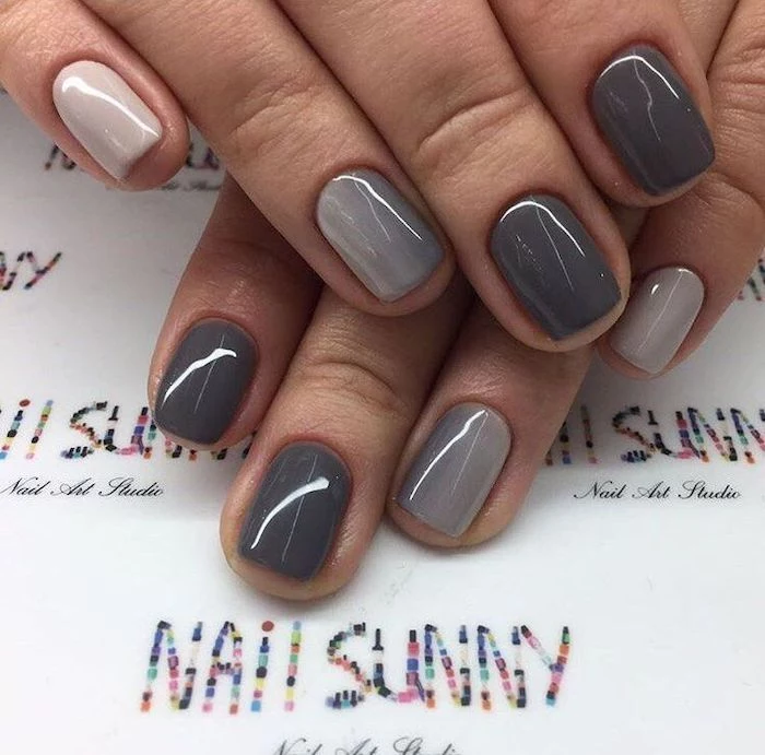 shades of grey, nail polish, short squoval nails, thanksgiving nail colors, ombre nails, white table