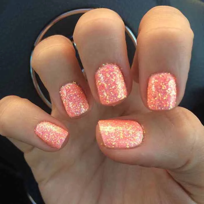 orange glitter, nail polish, september nail colors, short squoval nails, black background