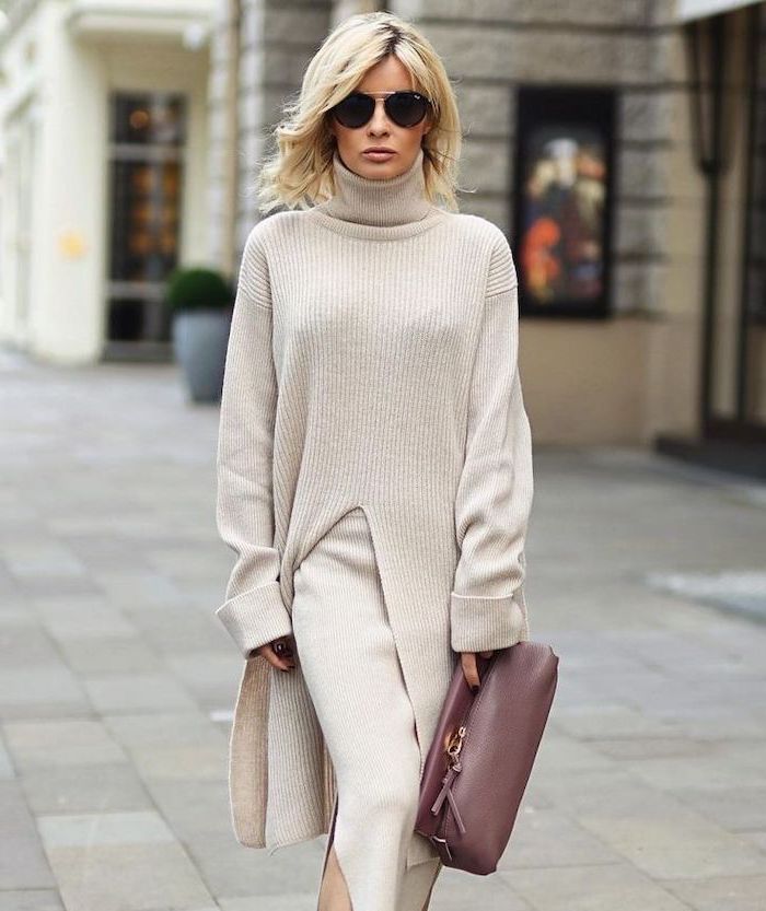 woman walking down the street, medium length hairstyles with bangs, wearing a knitted dress and sunglasses