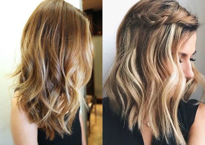 side by side photos, two different hairstyles, on a blonde balayage hair, medium length hairstyles with bangs