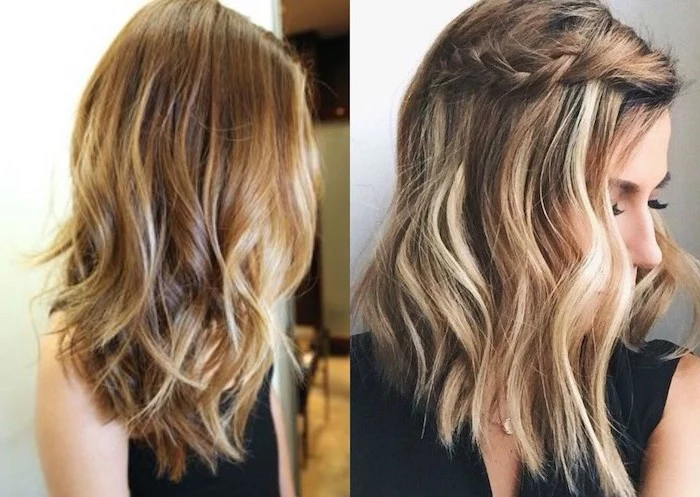 side by side photos, two different hairstyles, on a blonde balayage hair, medium length hairstyles with bangs
