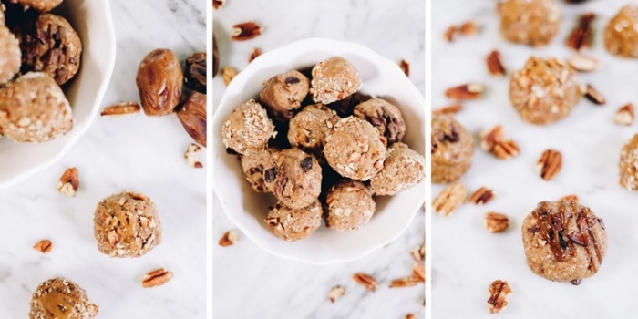 side by side photos, energy bites, peanut butter truffles, with dates and walnuts, scattered around