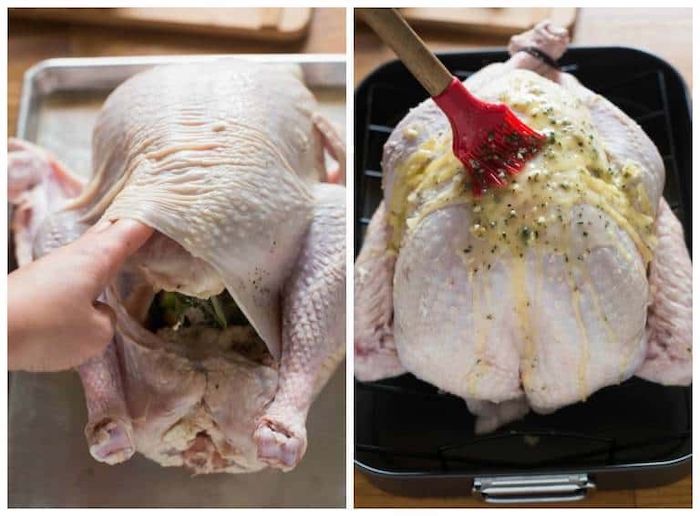 how to roast a turkey, side by side photos, stuffed turkey, covered in herbs and butter, black pan