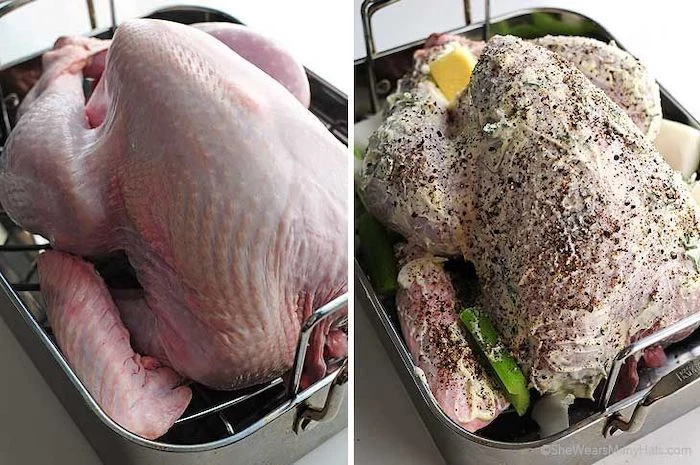 side by side photos, what temperature to cook a turkey, raw turkey, covered in butter and herbs, in a pan