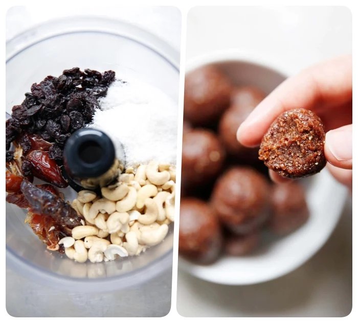 dates and peanuts, mixed together in a blender, chocolate peanut butter protein balls, side by side photos