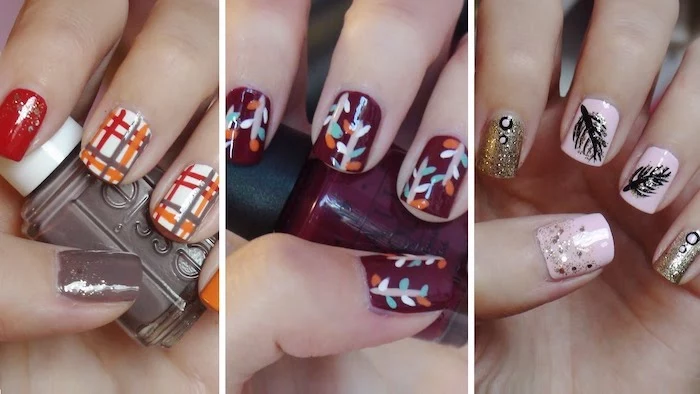 side by side photos, three different manicures, september nail colors, different nail decorations, short nails