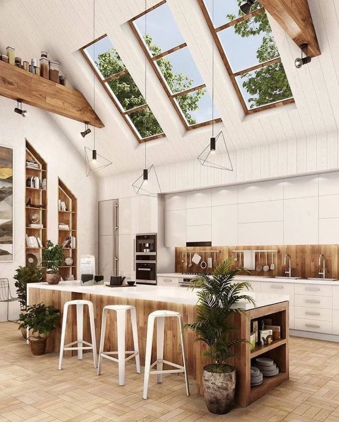 how to vault a ceiling, white ceiling with skylights, wooden kitchen islands, white bar stools, open shelving