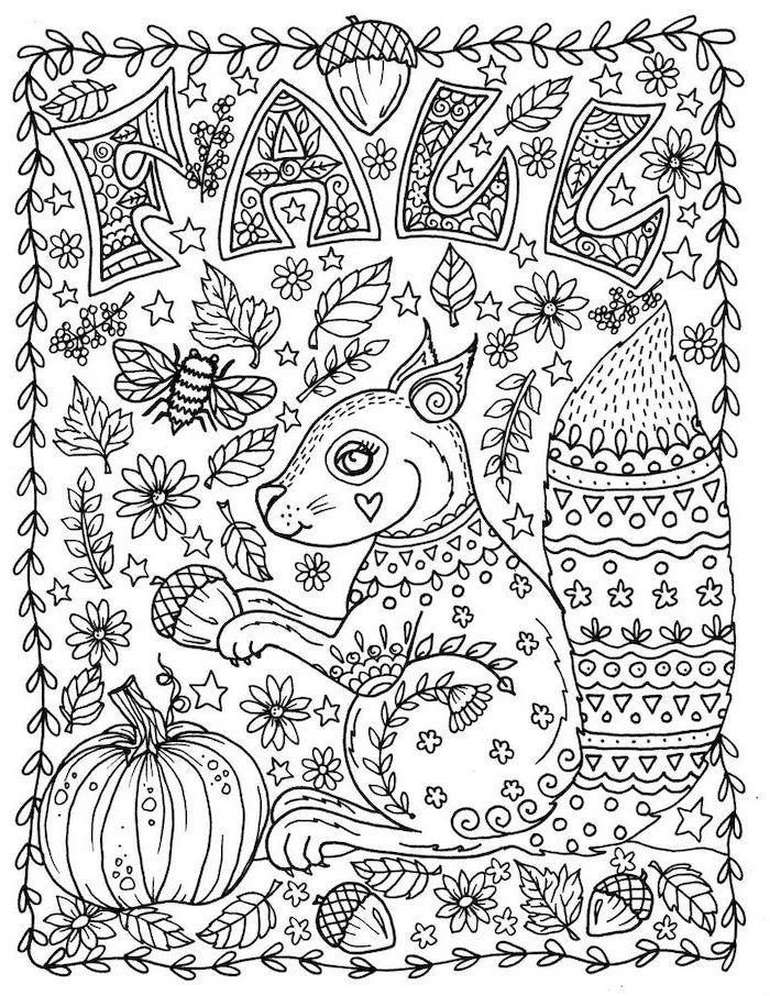 thanksgiving coloring sheets, squirrel holding an acorn, fall leaves and flowers, pumpkin at the corner