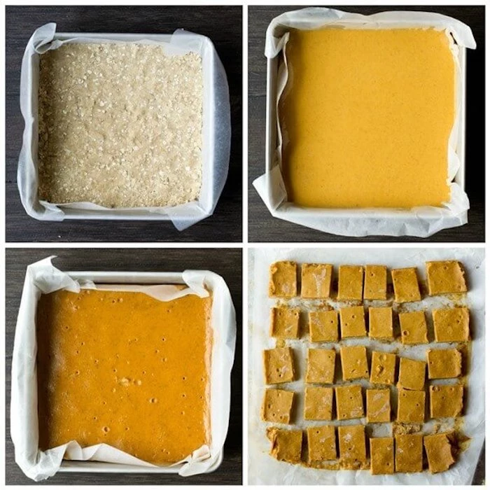 photo collage, pumpkin pie bites, baked in a square trey, easy thanksgiving desserts, step by step, diy tutorial