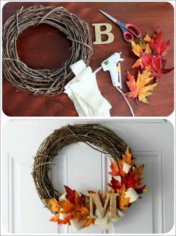 step by step, diy tutorial, photo collage, wooden wreath, with fall leaves, thanksgiving door decor