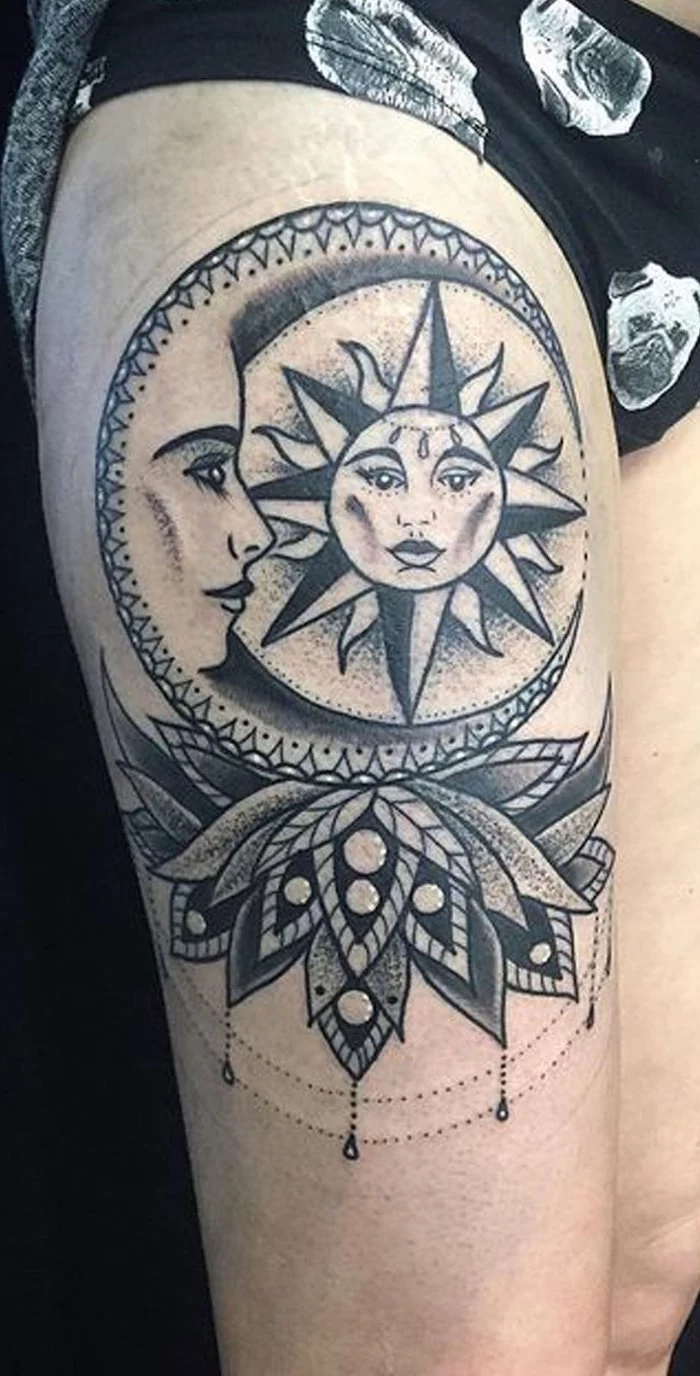 moon and sun, mandala lotus flower, upper thigh tattoo, black shorts, with pugs on them