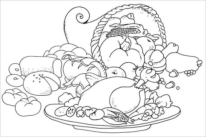 thanksgiving pictures to color, cornucopia full of fruits, roasted turkey, black and white sketch, baked bread