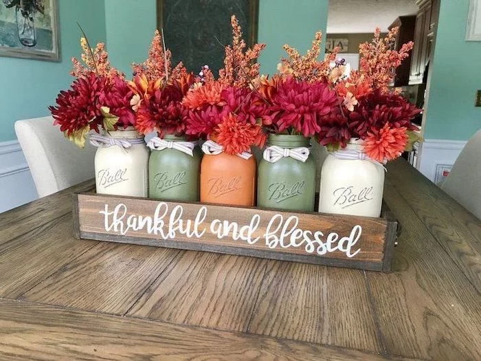 mason jars, painted in white green and orange, flower bouquets, inside wooden crate, thankful and blessed, thanksgiving home decorations