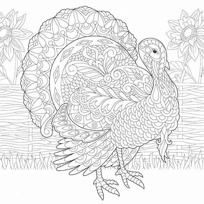 turkey with floral motifs, thanksgiving coloring sheets, large sunflowers, black and white sketch