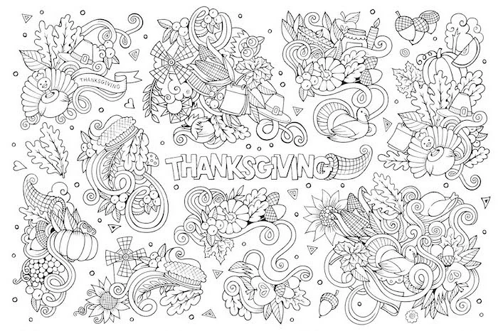 fall leaves, turkeys and pumpkins, acorns and cornucopias, thanksgiving pictures to color, black and white sketch