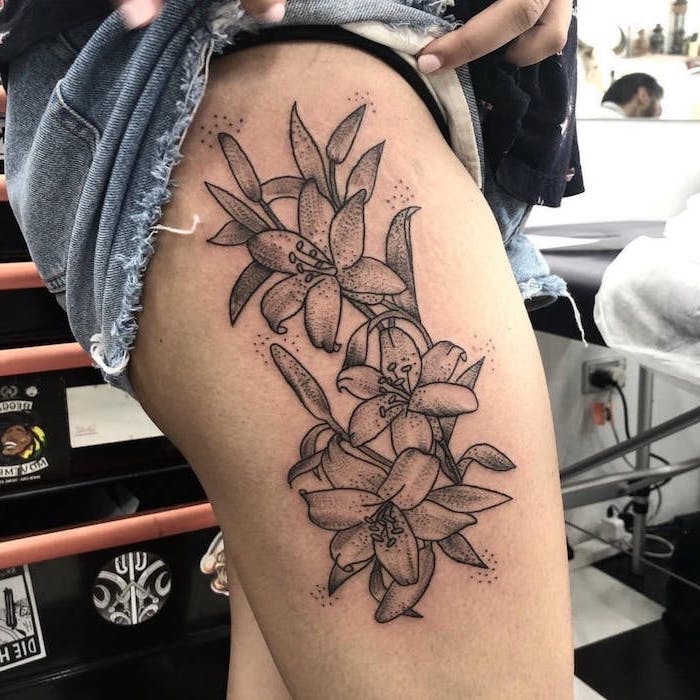 Left Thigh Orchid Tattoos