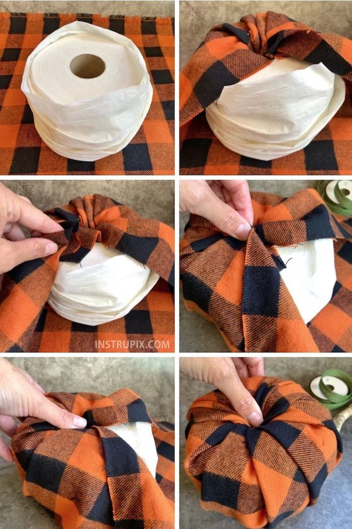 step by step, diy tutorial, photo collage, fall decor, toilet paper roll, turned into a pumpkin, with table cloth