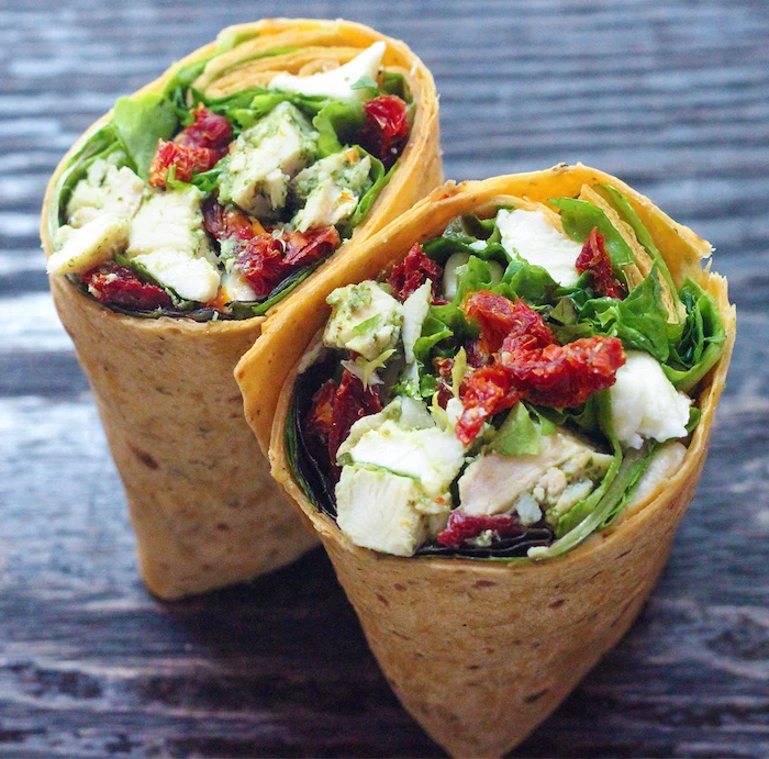 tortilla wraps, with chicken cubes, green salad, salsa inside, best diet for fat loss, wooden table