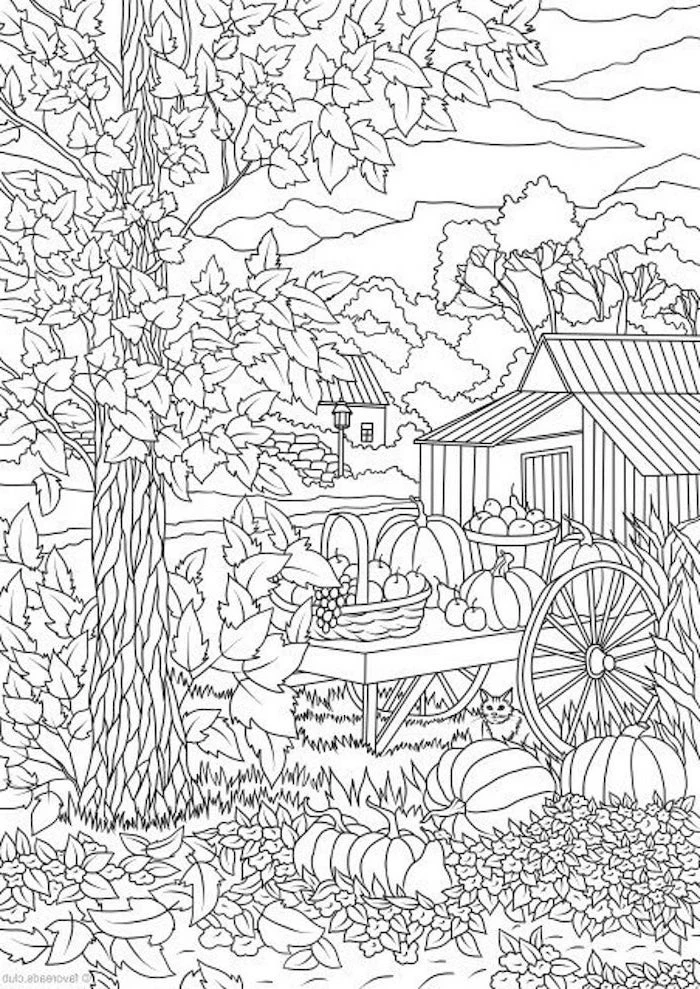 houses and trees, thanksgiving pictures to color, fall leaves, pumpkins and pears, baskets of fruits