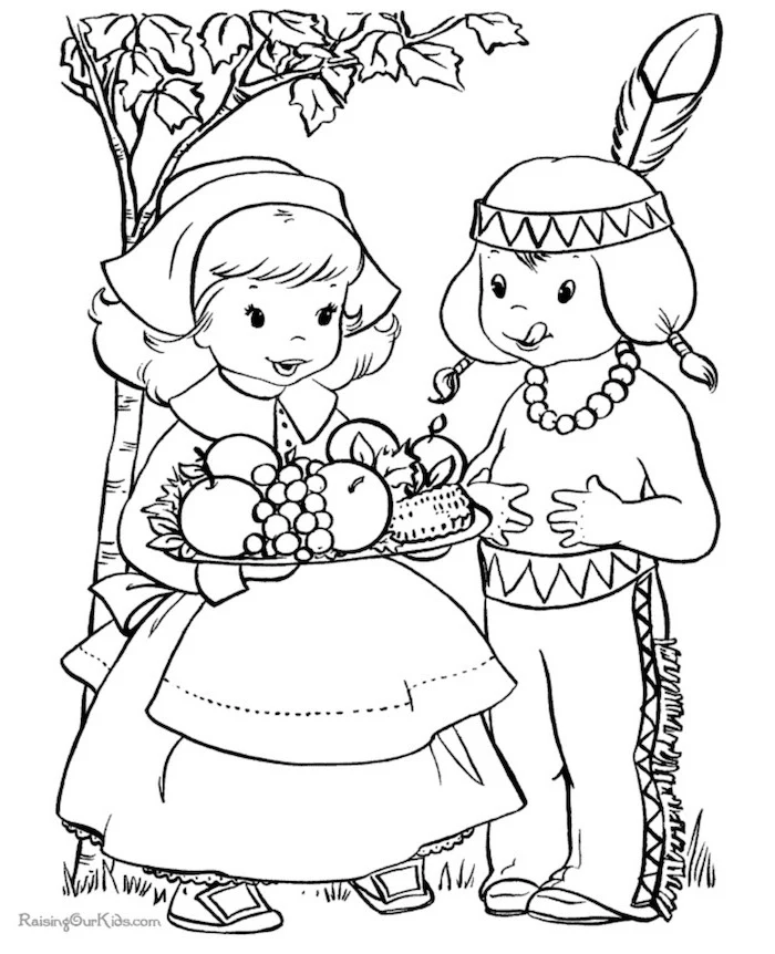 boy and girl, holding a tray full of fruits, standing under a tree, thanksgiving coloring sheets