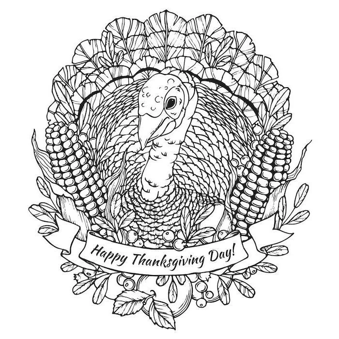 happy thanksgiving day, thanksgiving coloring sheets, turkey surrounded by corn, flowers and apples