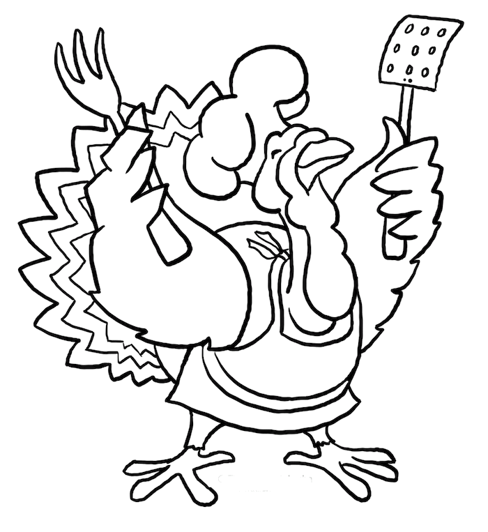 turkey with a chef's hat, carrying fork and spatula, turkey coloring sheet, wearing an apron