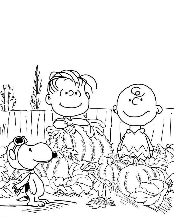 charlie brown and snoopy, turkey coloring sheet, playing in a pumpkin patch, fall leaves