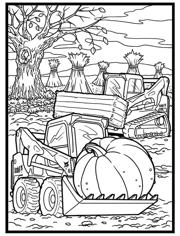 big tractors, harvesting pumpkins, turkey coloring sheet, bails of hay, tall tree, fall leaves