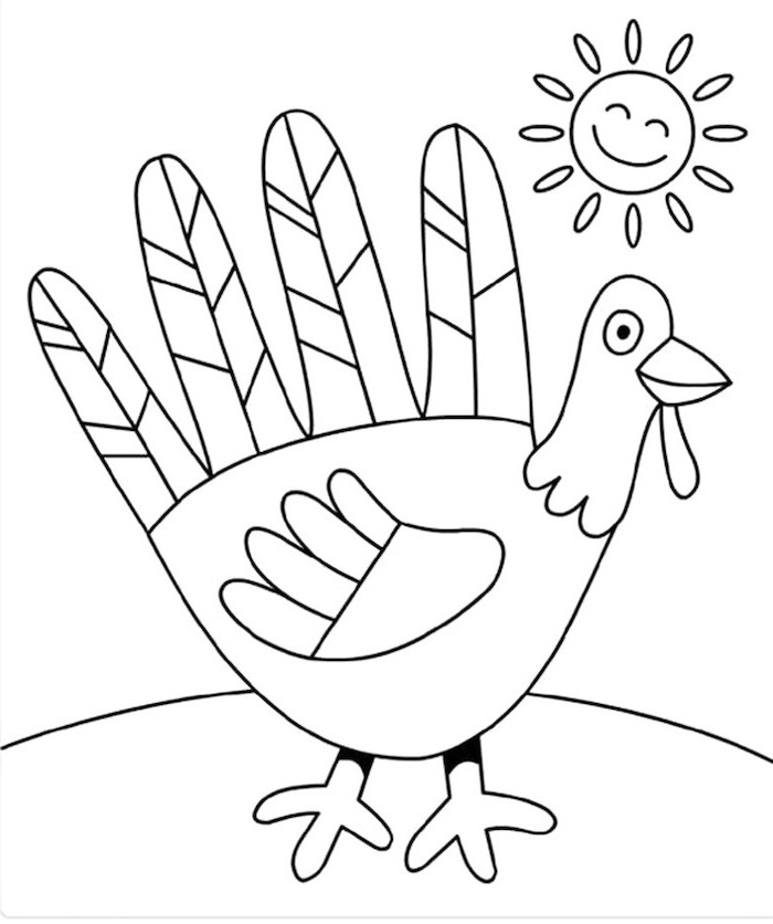 turkey and sun, black and white sketch, turkey coloring sheet
