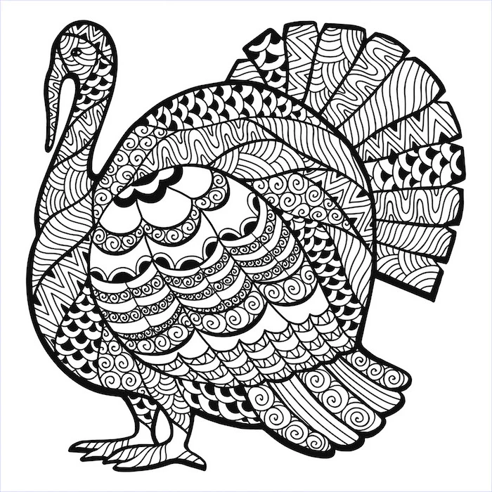 turkey with floral motifs, free printable thanksgiving coloring pages, black and white sketch