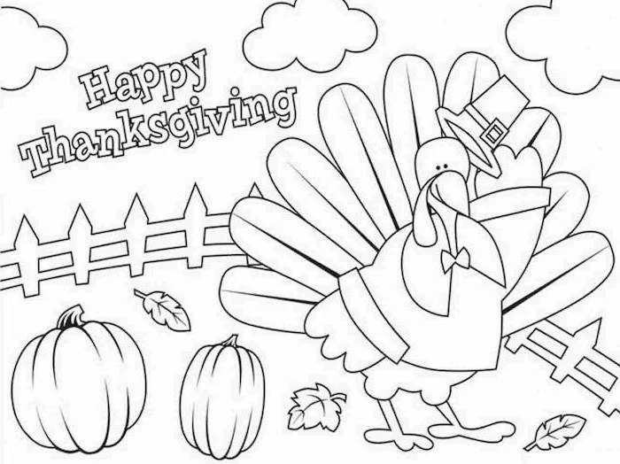 happy thanksgiving, free printable thanksgiving coloring pages, turkey with a hat, pumpkins and fall leaves