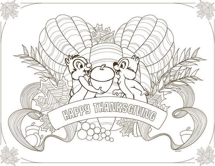 happy thanksgiving, two squirrels, holding an acorn, free printable thanksgiving coloring pages, pumpkins and grapes