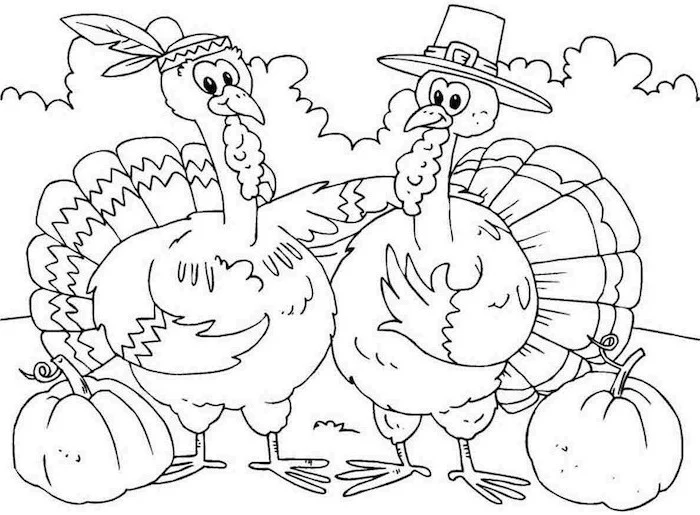 two turkeys, with hats, free printable thanksgiving coloring pages, standing next to pumpkins