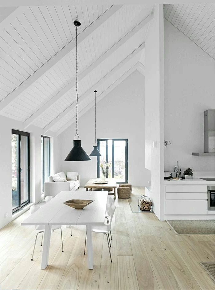 white aesthetic, wooden floor, white wall, vaulted ceiling kitchen, black lamp shades, hanging from white ceiling