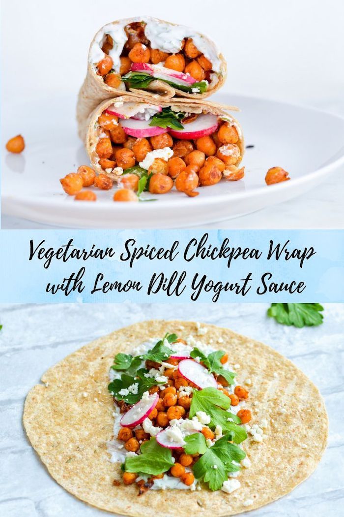 vegetarian spiced, chickpea wrap, healthy meal prep, white plate, turnip inside, yoghurt sauce